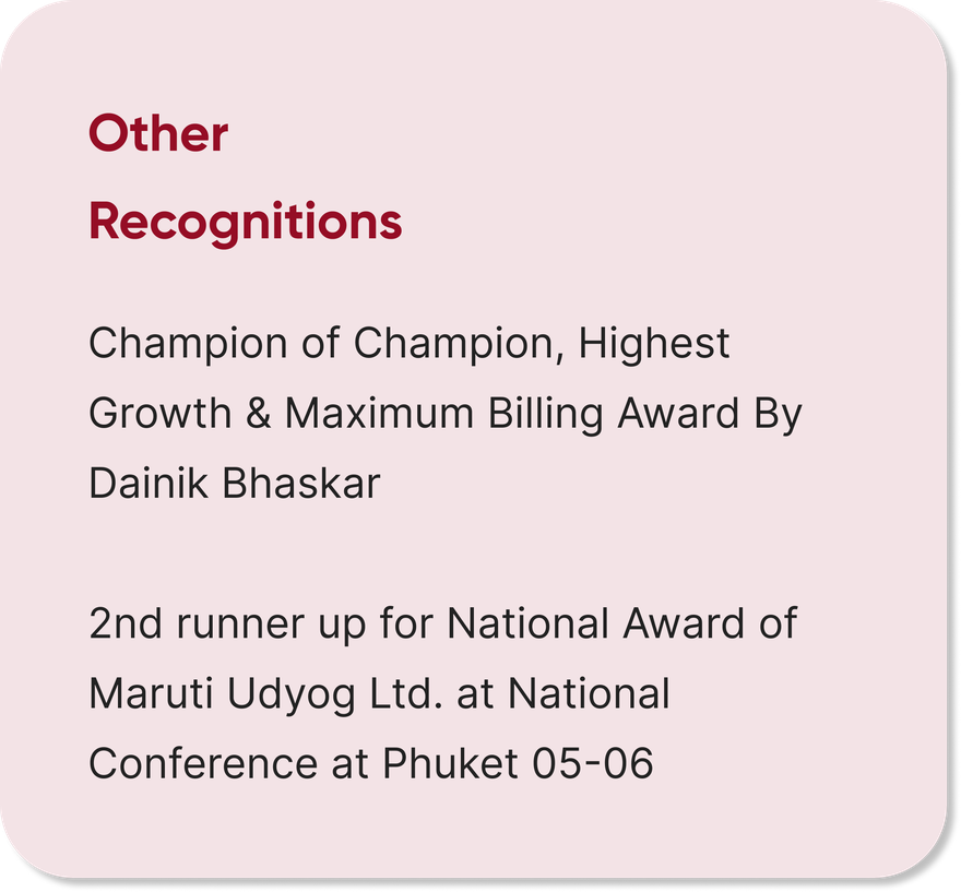 Other recognitions — Champion of Champion, Highest Growth and Maximum Billing Award by Dainik Bhaskar; 2nd runner up for National Award of Maruti Udyog Ltd. at Phuket 05-06