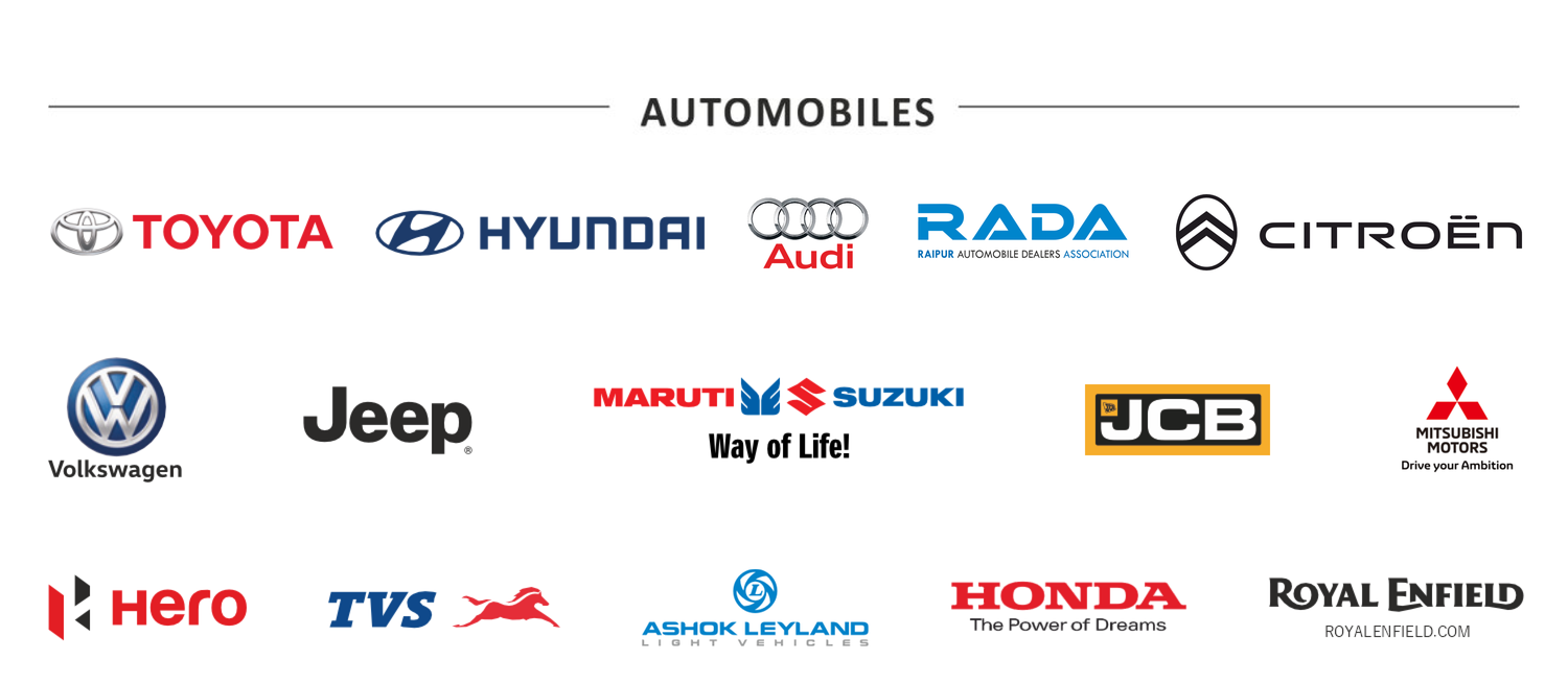 Automobiles — Toyota, Hyundai, Audi, RADA, Citroen, Volkswagen, Jeep, Maruti Suzuki, JCB, Mitsubishi, Hero, TVS, Ashok Leyland, Honda, Royal Enfield